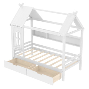 English Elm Twin House Platform Bed with Drawers & Shelves, Solid Wood Playhouse Frame for Kids, Cozy Design Light White W1580S00265