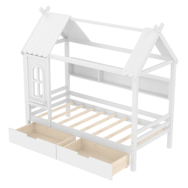 English Elm Twin House Platform Bed with Drawers & Shelves, Solid Wood Playhouse Frame for Kids, Cozy Design Light White W1580S00265