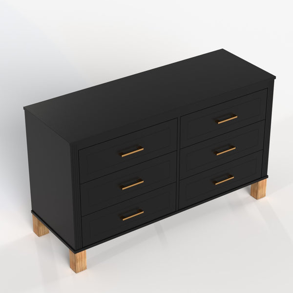 English Elm 6-drawer Double Dresser Solid Wood Legs Mid-century Modern Bedroom Storage Cabinet Black W1445S00006