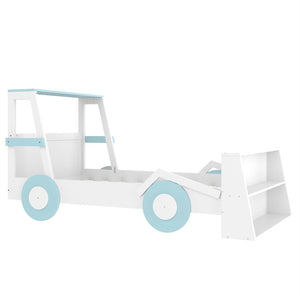 English Elm Twin Pine Treehouse Floor Bed with Padded Rails and Cabin Roofline for Kids White+Blue W1580S00470