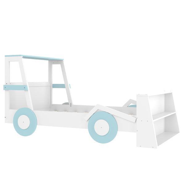 English Elm Twin Pine Treehouse Floor Bed with Padded Rails and Cabin Roofline for Kids White+Blue W1580S00470