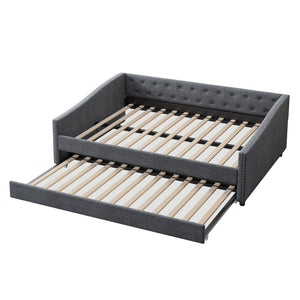 English Elm Full Size Daybed With Twin Trundle - Elegant Upholstered Sofa Bed With Tufted Back & Copper Trim W2336S00043