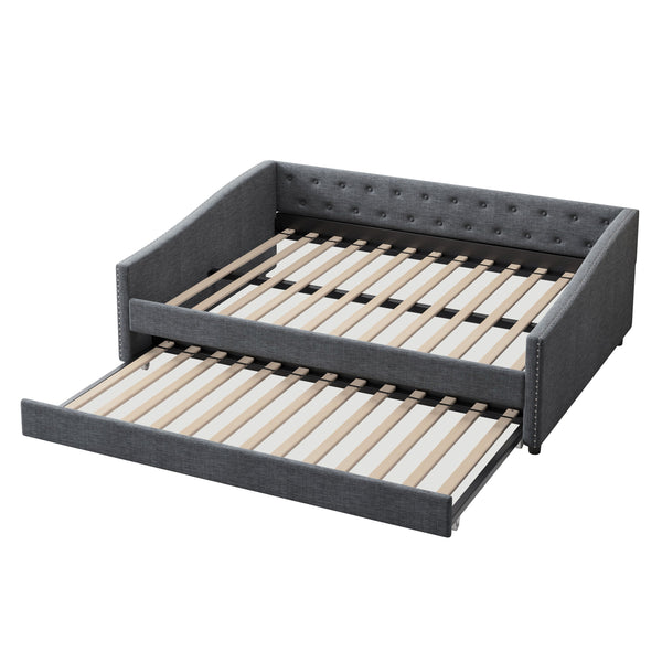 English Elm Full Size Daybed With Twin Trundle - Elegant Upholstered Sofa Bed With Tufted Back & Copper Trim W2336S00043