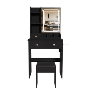 English Elm Modern Vanity Desk with Led Mirror 3 Drawers Built-in Outlet and Matching Chair Black W509P465833