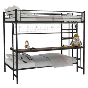 English Elm Full Over Twin Metal Bunk Bed with Desk Led Strip Shelves for Teen Dorm Rooms Antique Black W1935S00009