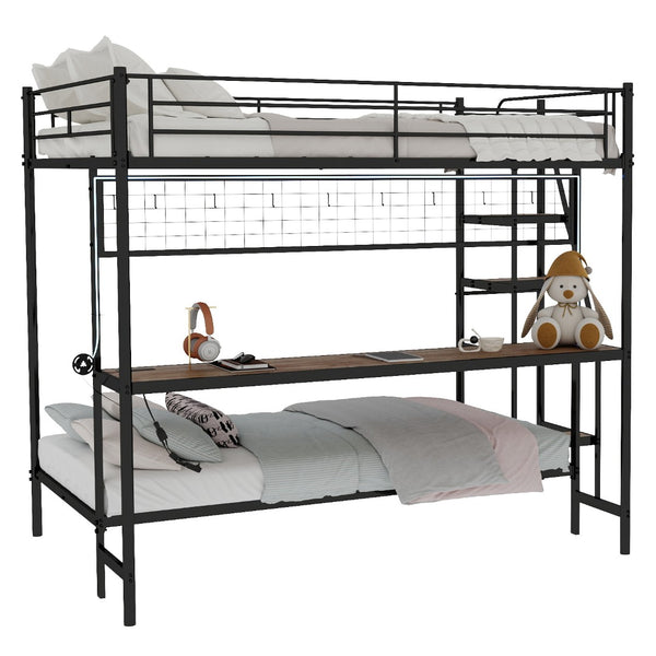 English Elm Full Over Twin Metal Bunk Bed with Desk Led Strip Shelves for Teen Dorm Rooms Antique Black W1935S00009