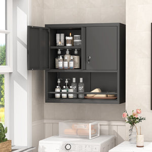 English Elm Metal Wall Mounted Steel Cabinet Lockable Doors Adjustable Shelves Kitchen Office Storage Black T3625P366858