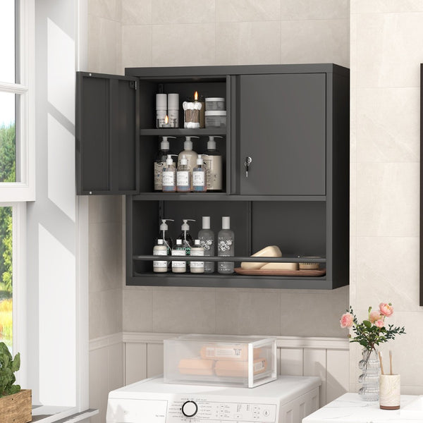 English Elm Metal Wall Mounted Steel Cabinet Lockable Doors Adjustable Shelves Kitchen Office Storage Black T3625P366858