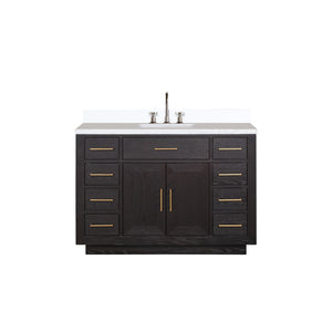 English Elm Black Oak Single Bath Vanity 48" W x 22" D with White Quartz Top, Chrome Gooseneck Faucet, Soft-Close B2731P260831