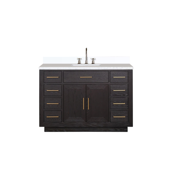 English Elm Black Oak Single Bath Vanity 48" W x 22" D with White Quartz Top, Chrome Gooseneck Faucet, Soft-Close B2731P260831