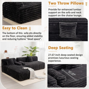 English Elm 110" Cloud Sectional Sofa Upholstered with Ultra-Soft Faux Rabbit Fur, Modular L-Shape Comfort and Easy Care Black N719S001820B