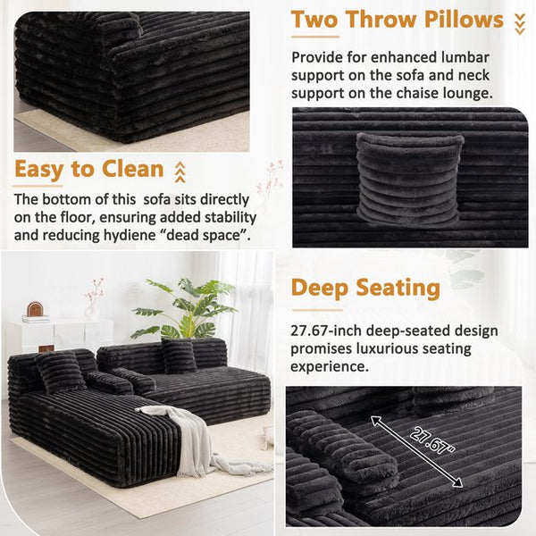 English Elm 110" Cloud Sectional Sofa Upholstered with Ultra-Soft Faux Rabbit Fur, Modular L-Shape Comfort and Easy Care Black N719S001820B