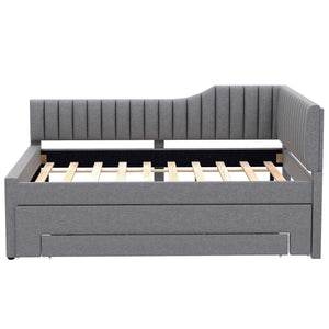 English Elm Full Upholstered Daybed with Trundle and Three Drawers, Linen-Blend Fabric, Space-Saving Guest Bed, Storage-Friendly Design Gray DL002058AAE