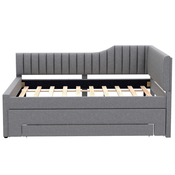 English Elm Full Upholstered Daybed with Trundle and Three Drawers, Linen-Blend Fabric, Space-Saving Guest Bed, Storage-Friendly Design Gray DL002058AAE