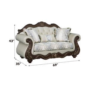 English Elm Pierce Elegant Beige Fabric Loveseat with Cherry Finish, Tufted Detail, Pocket Coils & 3 Pillows B2726S00275