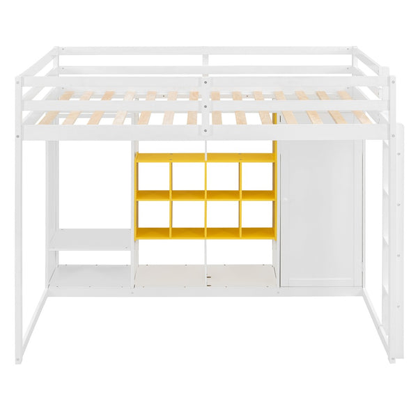 English Elm Twin Loft Bed with Wardrobe Shelves and Cabinet Kids Bedroom Wood Storage Frame Yellow+White N708S00024K