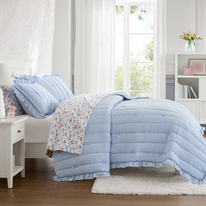 English Elm 3-piece Reversible Microfiber Quilt Set Bow Embroidery Ruffled Trim Romantic Bedroom Blue B035P482883