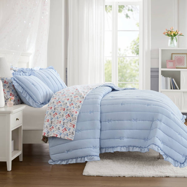 English Elm 3-piece Reversible Microfiber Quilt Set Bow Embroidery Ruffled Trim Romantic Bedroom Blue B035P482883