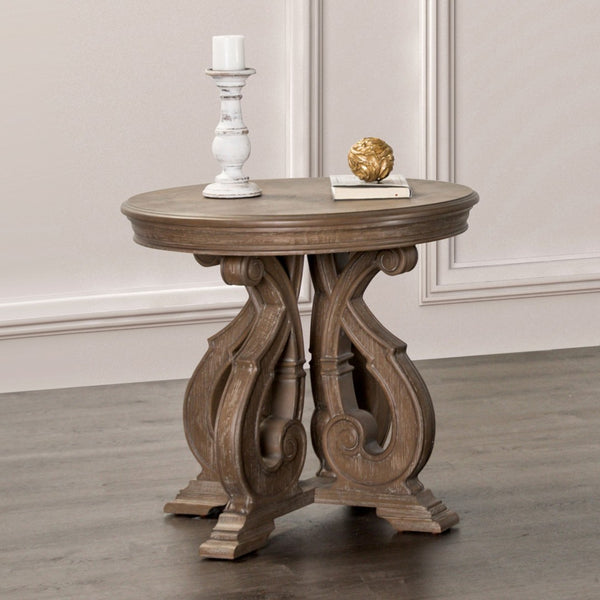 English Elm Traditional Round End Table With Carved Scroll Legs – Elegant Solid Wood Design In Rich Oak Finish B2741P361128-GIGA