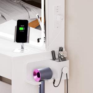English Elm Vanity LED mirror vanity with 3-mode dimmable lights, power & USB ports, hairdryer holder, stool W1668P197385