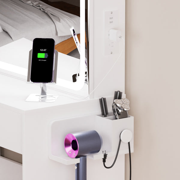 English Elm Vanity LED mirror vanity with 3-mode dimmable lights, power & USB ports, hairdryer holder, stool W1668P197385