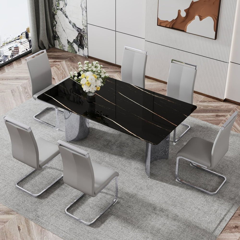 English Elm Table And Chair Set - Modern Glass Top With Black Marble Design And 6 Light Gray Pu Chairs For Dining W1151S02605-GIGA