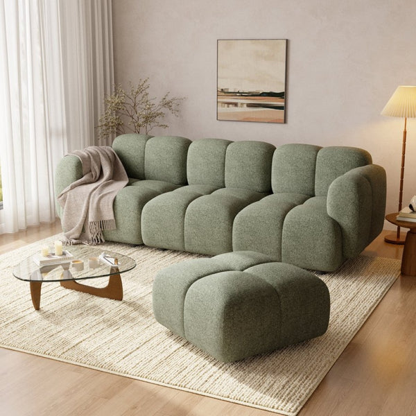 English Elm Beige Boucle L-shaped Sectional with Sculptural Cushion Blocks and Movable Ottoman Green N758T404142F