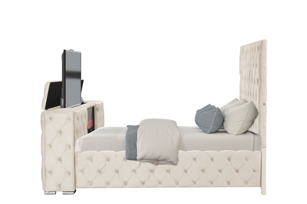 English Elm Encore Modern Tufted Queen Bed In Beige - Stylish Upholstered Design With Hidden Tv Compartment B009S01677