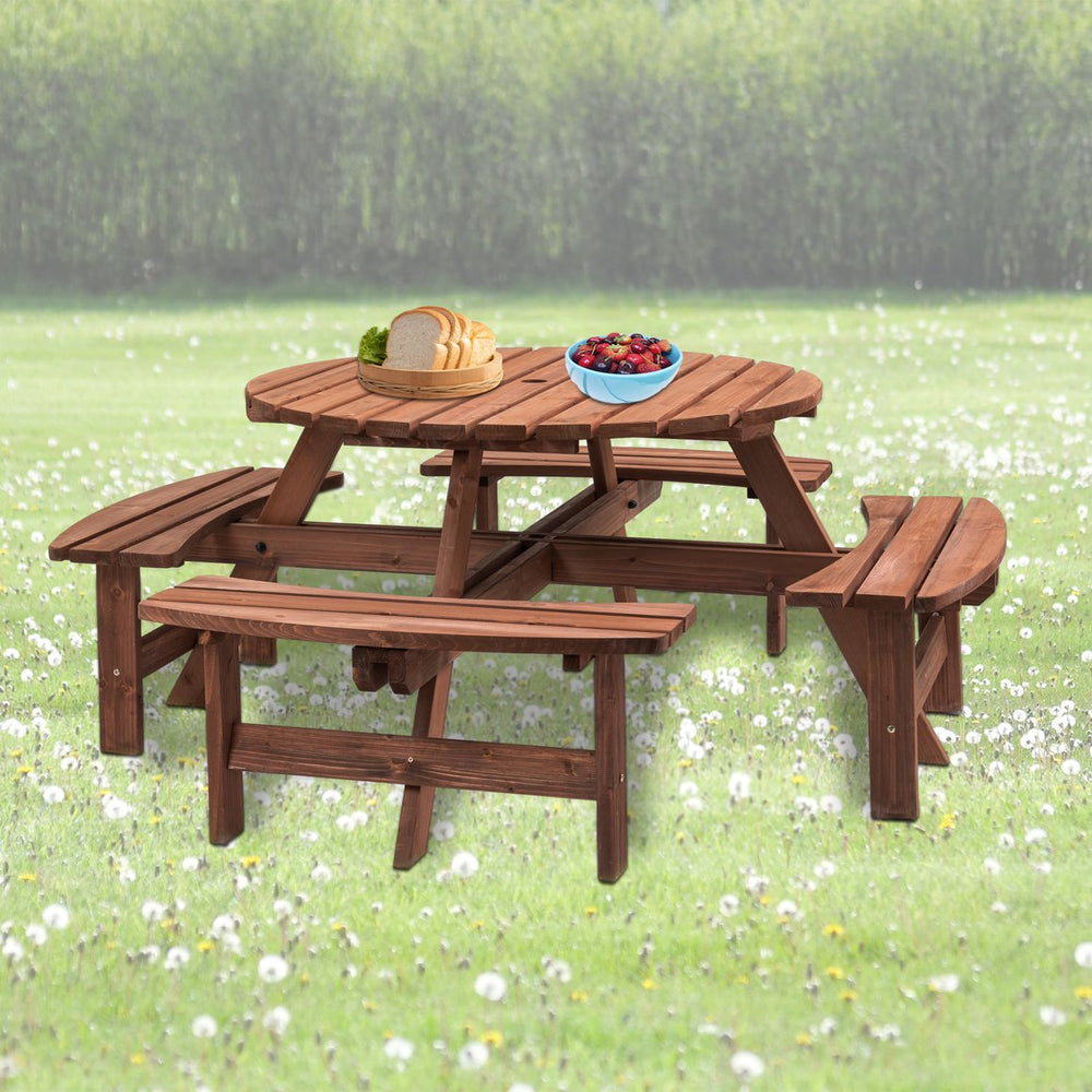 English Elm 8 Person Wooden Picnic Table with 4 Benches, Natural Outdoor Round Dining Set, 2220lb Total Capacity W1422P338263