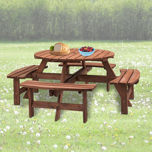 English Elm 8 Person Wooden Picnic Table with 4 Benches, Natural Outdoor Round Dining Set, 2220lb Total Capacity W1422P338263