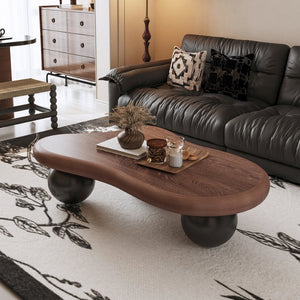 English Elm 47 Inch Organic Cloud Silhouette Coffee Table with Sculptural Ball Legs for Living Rooms Black + Dark Walnut W1435S00034