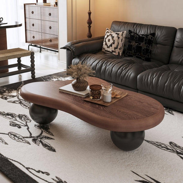 English Elm 47 Inch Organic Cloud Silhouette Coffee Table with Sculptural Ball Legs for Living Rooms Black + Dark Walnut W1435S00034
