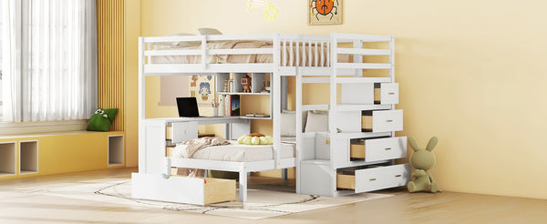 English Elm Full Over Twin Bunk Bed with Staircase Drawers Desk and Shelves in Gray White LT001605AAK-2