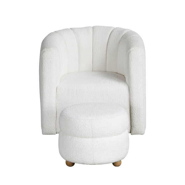 English Elm Modern Swivel Chair with Ottoman in Bouclé Fabric, Solid Wood Frame, Cozy Curved Design for Living Rooms White 32 L x 31 W x 31.25 H B011P281847
