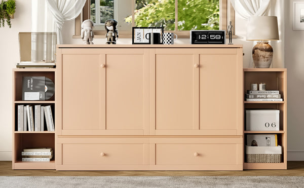 English Elm Queen Murphy Bed With Elegant Golden Finish, Spacious Storage Drawers, And Shelves For Compact Spaces W1580S00258-GIGA