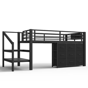 English Elm Twin Metal Low Loft Bed with Storage Stairs Fabric Drawers and Built-in Lights Black W5305S00045