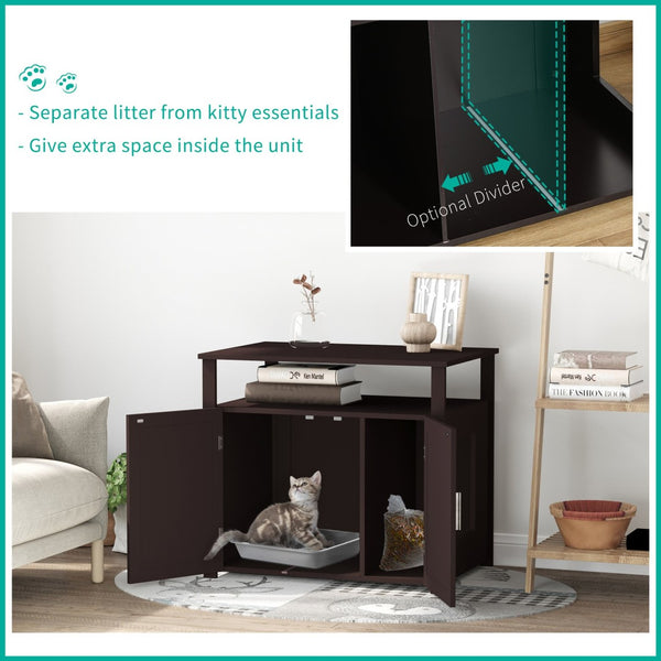 English Elm Pawhut Stylish Wooden Cat Litter Box Enclosure & End Table With Adjustable Partition, Brown W2225P217309-GIGA