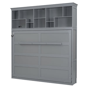English Elm Queen Murphy Wall Bed Cabinet with Integrated Shelves Usb Charging Space Saving Design Gray LP006668AAE-1