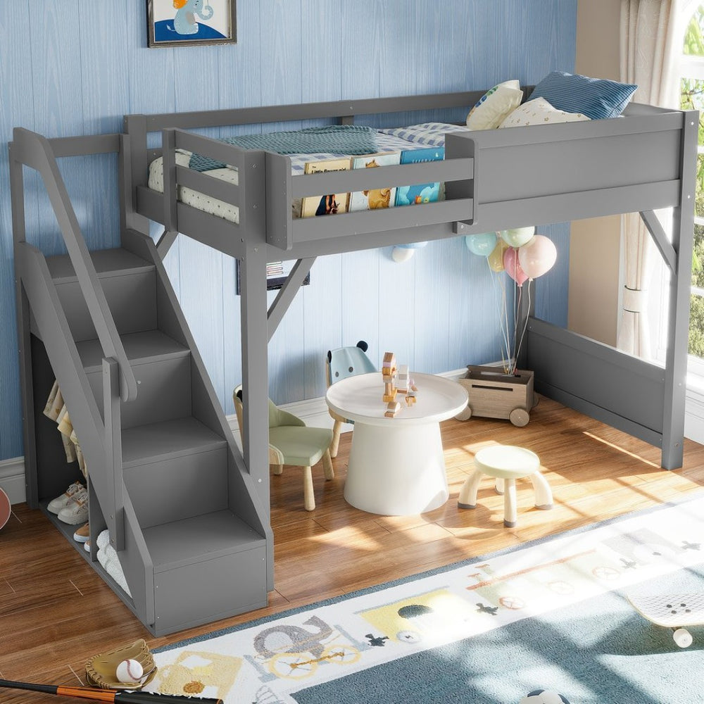 English Elm Twin Low Loft Bed Solid Pine Frame Kids Study Desk Blackboard Storage White Gray W1580S00467