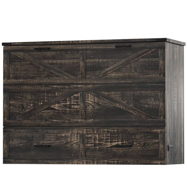 English Elm Queen Murphy Cabinet Bed Rustic Grey Farmhouse Style with Charging Station Storage W5271S00001