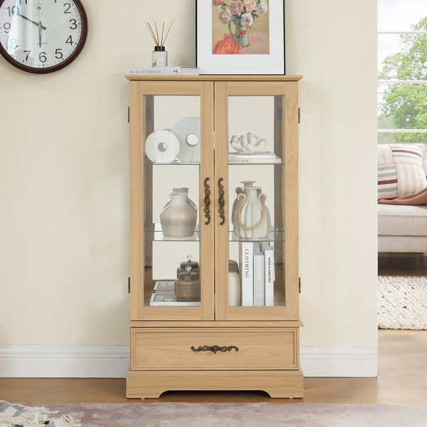 English Elm Glass Lighted Curio Cabinet with Adjustable Glass Shelves, 2 Doors 1 Drawer, Oak Finish, Bulb Included and Anti-Tip Safety Strap for Secure Display of Collectibles W2275P178890