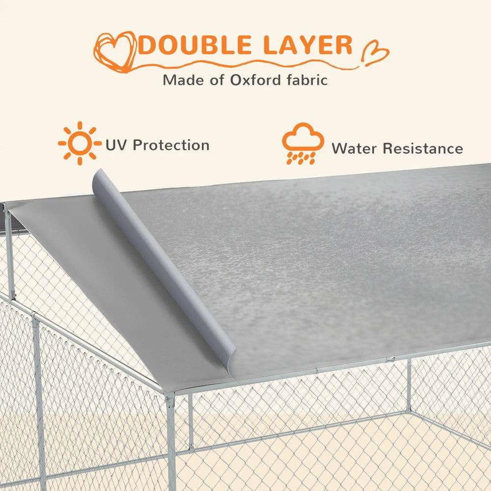 English Elm Steel Galvanized Chain Link Dog Kennel with Oxford Cloth Canopy for Large Breeds T3971S00065
