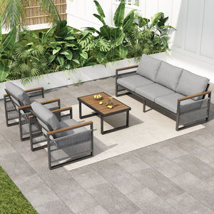 English Elm Christopher Knight Home® - 4-Pieces Outdoor Metal Patio Furniture Set with Deep-Seat Cushions, Teslin Rope, Wood-Look Tabletop, Rust-Resistant Frame Natural+Grey N780P2540723G