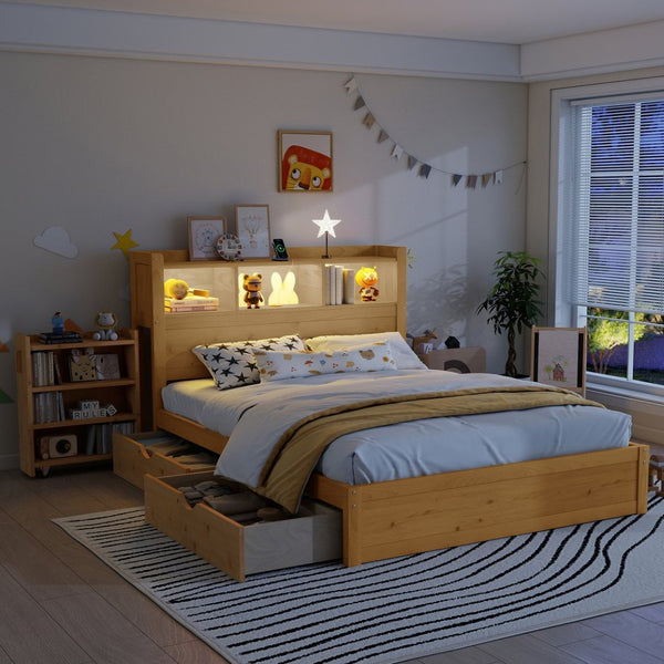English Elm Twin Wood Storage Bed with Led Headboard Drawers and Pull Out Cabinet for Kids Natural W2593S00051