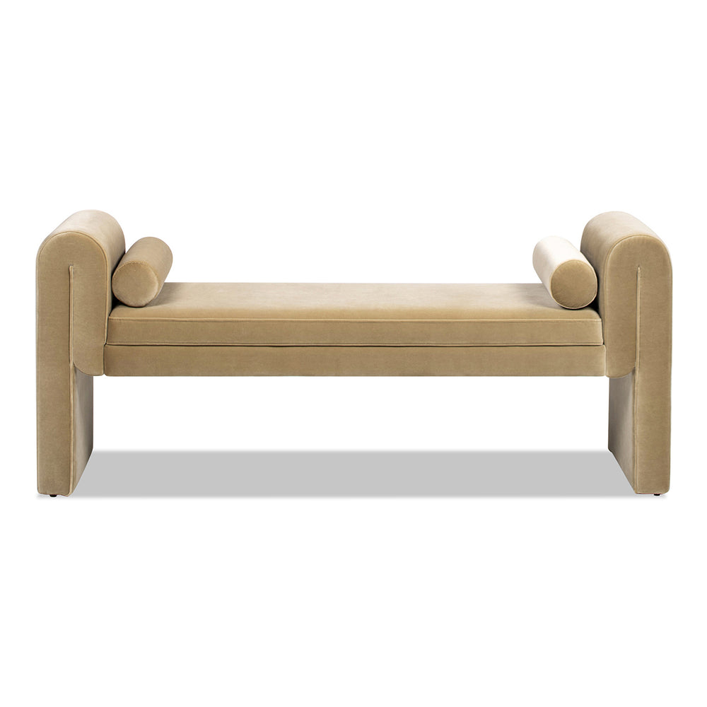 English Elm Jennifer Taylor Home - Mason 60.5" Arched Arm Bench with Bolster Pillows – Camel Beige Performance Velvet, Durable 30K Rub B2719P238475