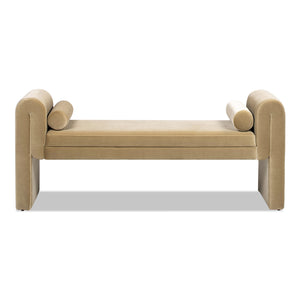 English Elm Jennifer Taylor Home - Mason 60.5" Arched Arm Bench with Bolster Pillows – Camel Beige Performance Velvet, Durable 30K Rub B2719P238475