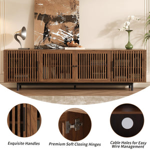 English Elm 78 Inch Walnut Media Console with Slatted Doors Solid Wood Legs and Cable Management N710P374706P