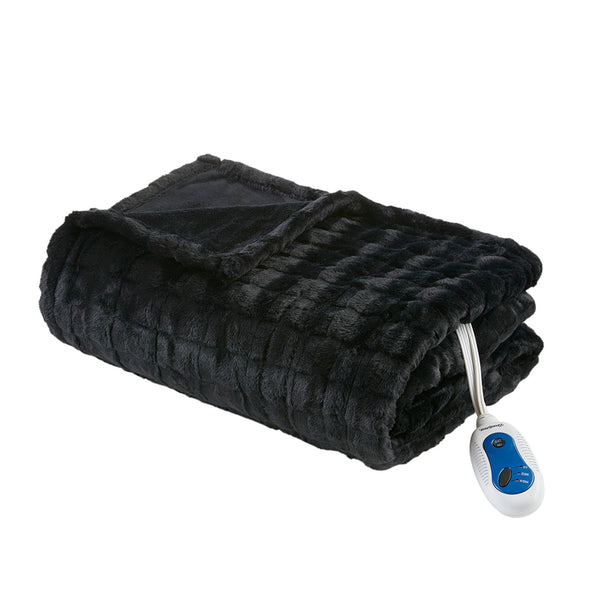 JLA Home Beautyrest - Oversized Plush Faux Fur Heated Throw with Secure Comfort, Low EMF, OEKO‑TEX, Machine Washable Black Texture BR54-4697