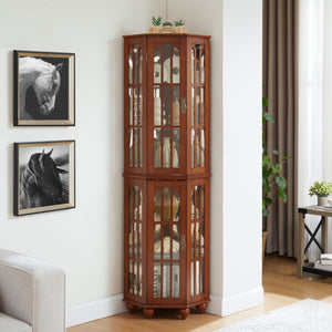 English Elm Corner Curio Cabinet with 6 Shelves, Tempered Glass Display, Built-In Lighting, Mirrored Back Walnut W1693P216949
