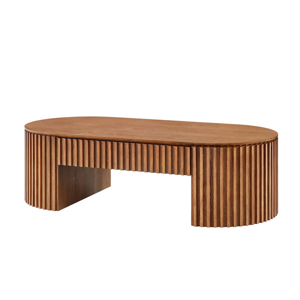 English Elm 51.18'' Oval Mdf Coffee Table with Hidden Drawer Mid-century Pedestal Base Brown W876P370284